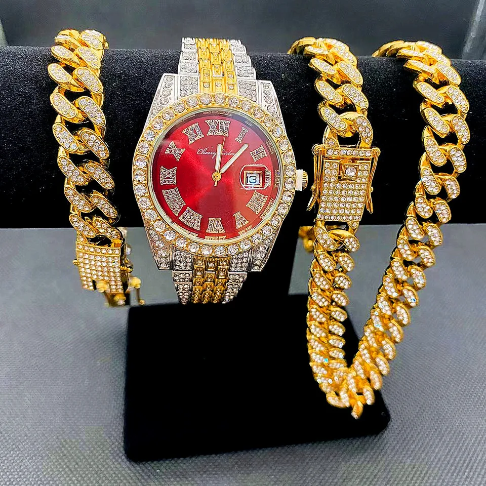 Plné ľadové hodinky Pánske kubánske reťaze kubánske reťaze Náramok Náramok náhrdelník bling módne šperky pre mužov hip hop mužov hodinky