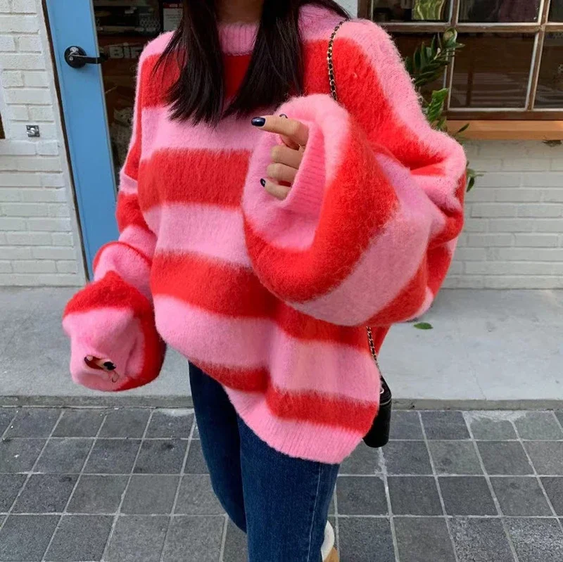 Pluff Ruckve Pletený sveter Ženy Kórejské pruhované vintage pullover dám