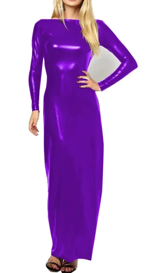 Plus veľkosti dámske oblečenie lesklé pvc koža koža sexy bez backless maxi šaty s dlhým rukávom Dámske šaty Candy Color Basic Castle Dress 7xl