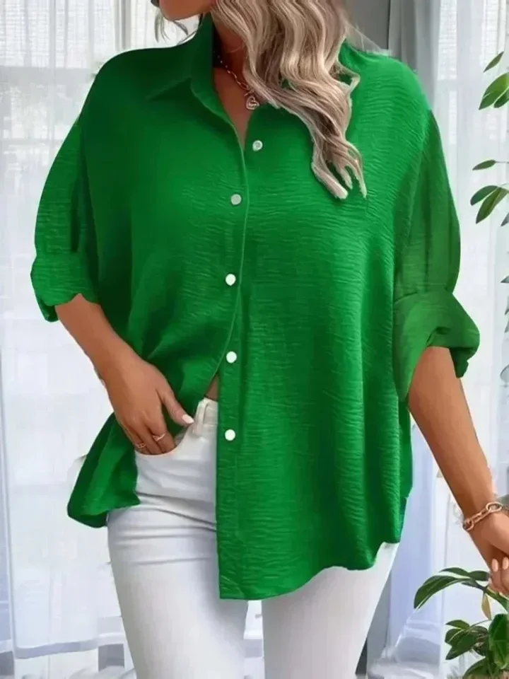 Plus veľkosť 1XL-5XL Dámska pevná farba predného gombíka klopné gombíky s dlhým rukávom Top Bat Ruckve Button Up košeľa