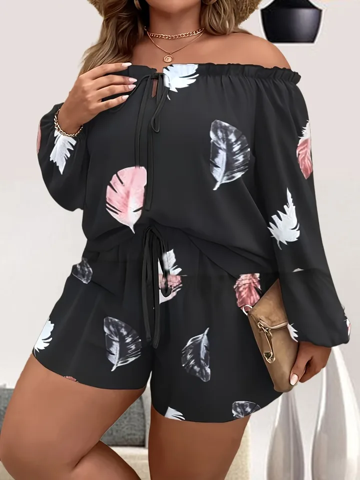 Plus veľkosť 1xl-5xl peria, dvojdielne vyrazené z ramenného šnurovania hore a šortiek oblečenie dámskeho plusu veľkosti oblečenia