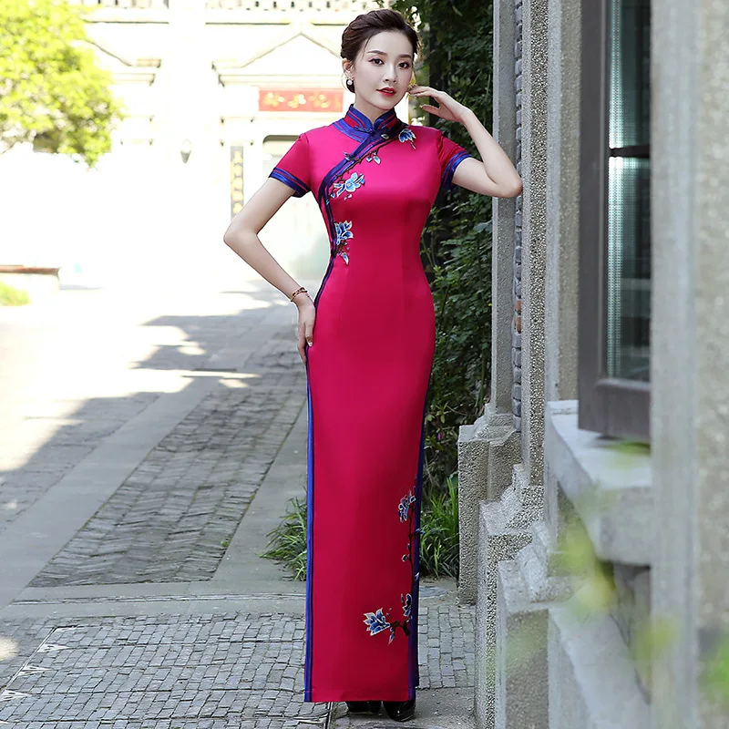 Plus veľkosť 3xl 4xl 5xl Cheongsam Svadobná večera Žena Vinobranie mandarínový golier Qipao Sexy štíhle čínske tradičné šaty