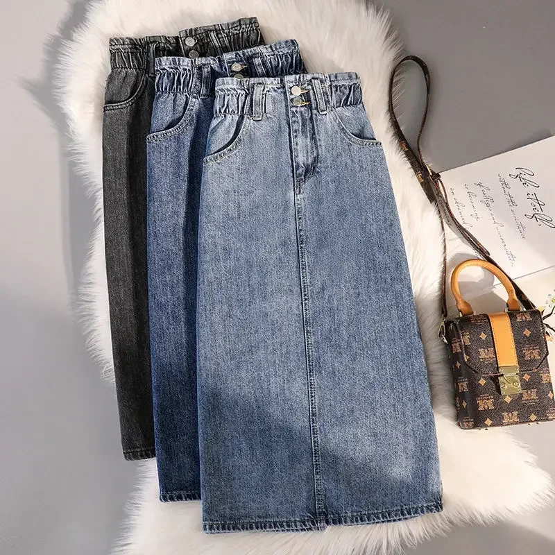 Plus veľkosť 4xl 5xl Solid gombíkové vrecká denim sukňa leto letné príležitostné vinobranie štíhle elegantné sukne jar