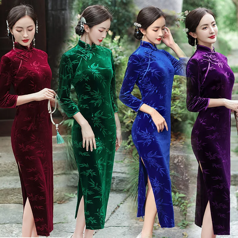 Plus veľkosť 5xl šaty Ženy Vylepšené cheongsam jesenné zima Nové vinobranie zamatské šaty slité čínske tradičné dlhé qipao