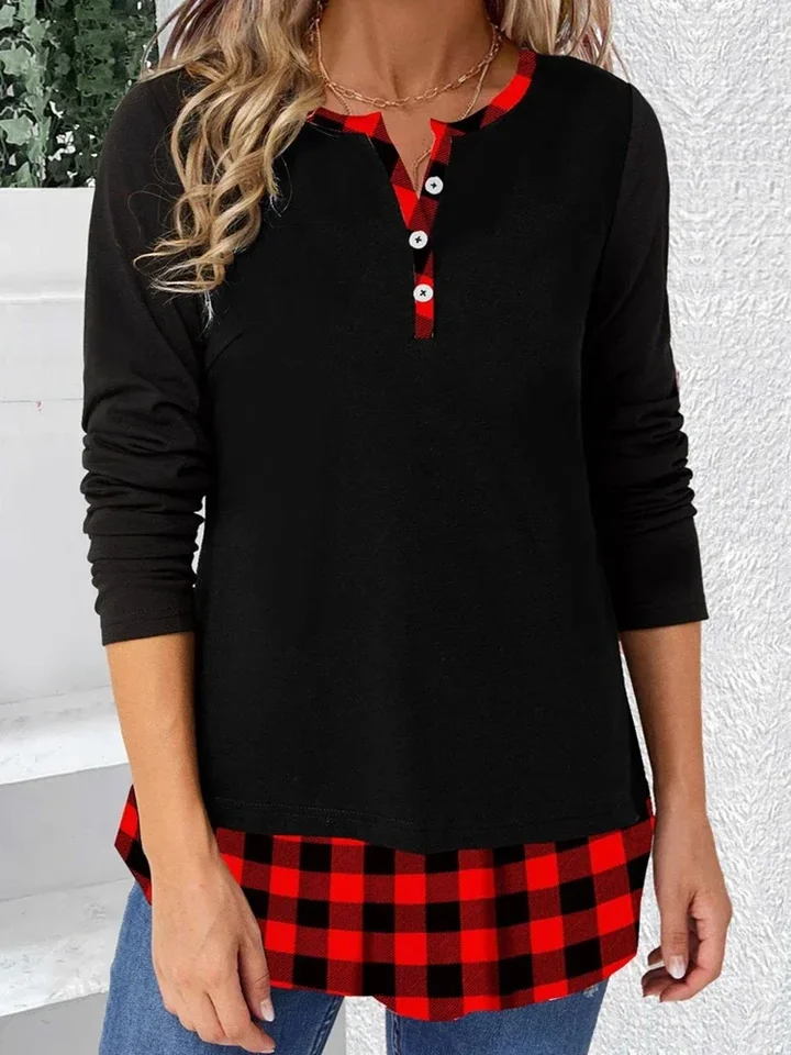 Plus veľkosť dámska módna farba zodpovedajúca dlhým rukávom okrúhly krk tričko Plaid Tlač nových príležitostných okrúhlych gombíkov Tričko Tričko