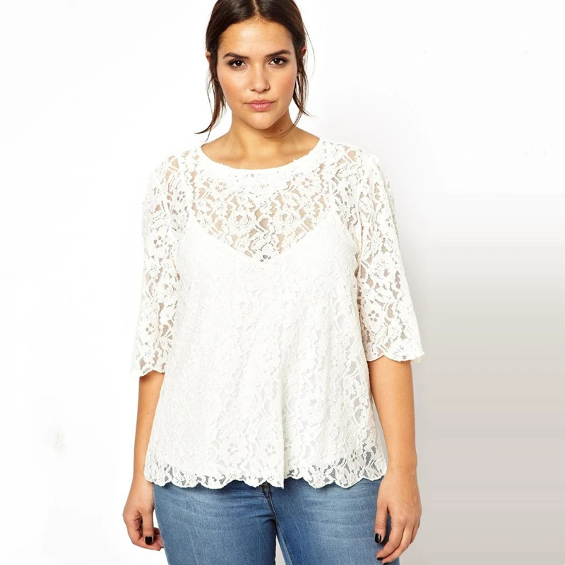 Plus veľkosť elegantná módna čipka Ženy Mastné biele štvrtiny rukávy gombíka Spring Spring Office Príležitostné vrchné tričko 6xl 7xl 8xl
