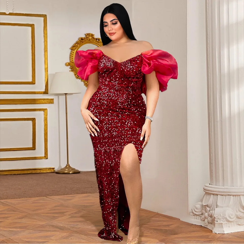 Plus veľkosť flitrových párty šaty ženské puzdro Puff Ruckve Luxury Dinner Prom Lady Evening Long Rúch 2023 Jeseň Elegantné pekné dámske šaty