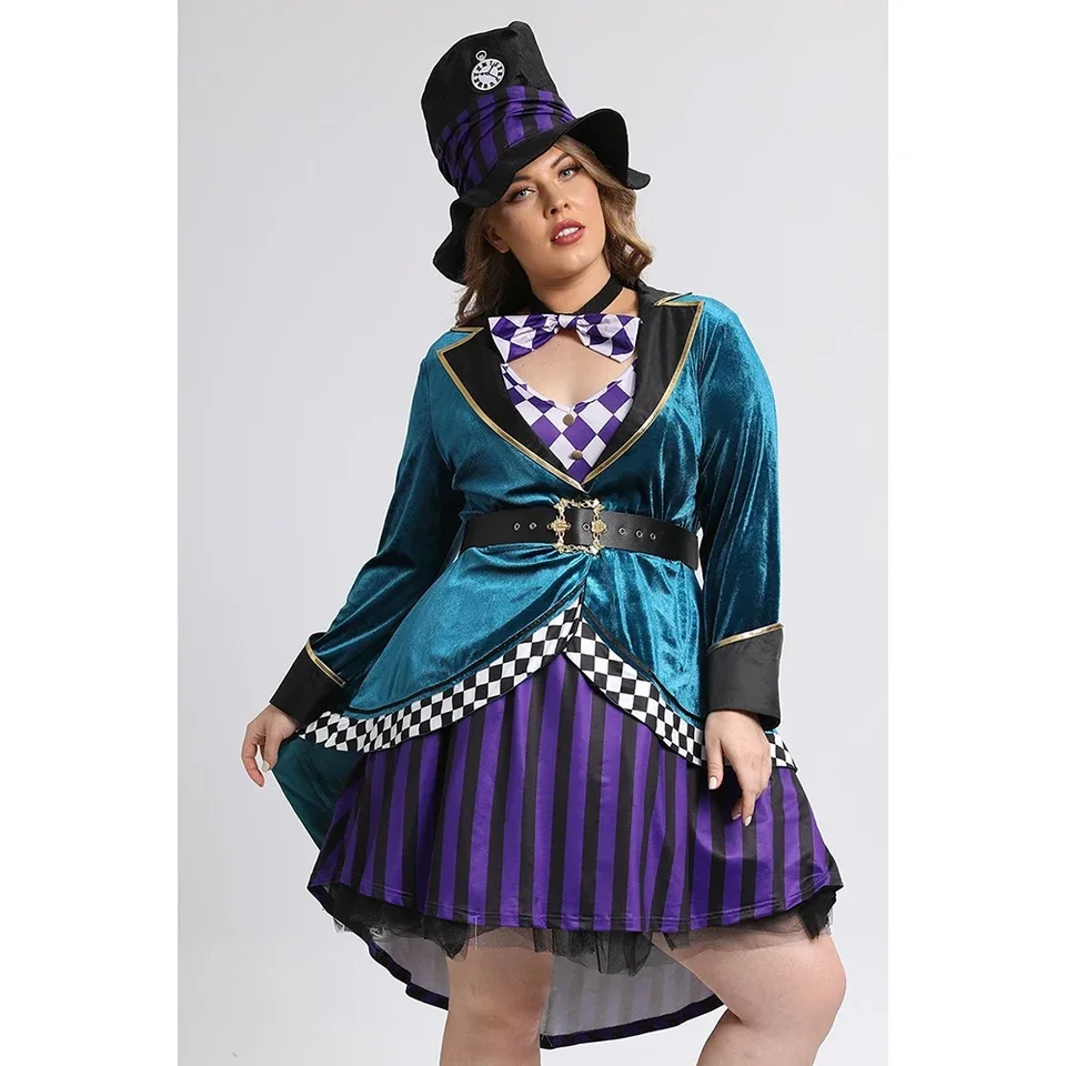 Plus veľkosť halloween pruh mat hatter klobúk motýliky cosplay mini šaty