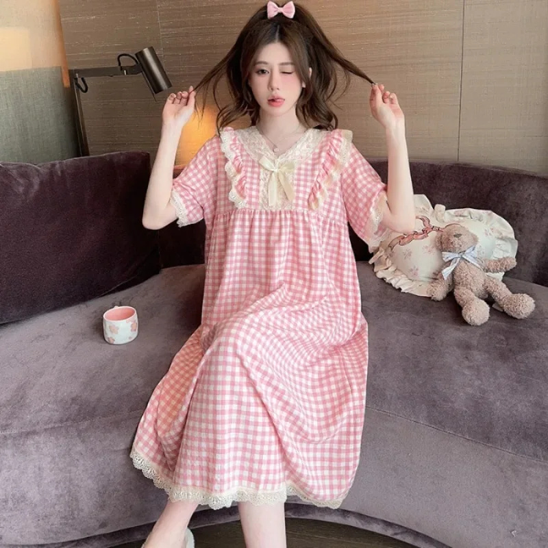 Plus veľkosť japonského plaid Sweet Nightgown Women Dám letná imitácia bavlna spánok