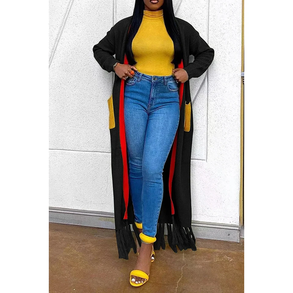 Plus veľkosť každodenného dámskeho náhodného kabátu čierna pletená strapca farba zhodujúca sa kabátová kabátová kabát