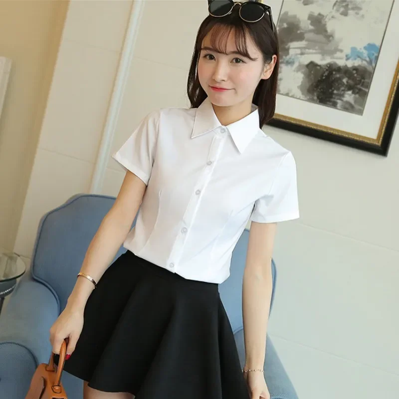 Plus veľkosť kórejskej módnej bielej košele Ženy ol na jeseň krátke rukávy blúzka Slim Office Lady Tops Dámska košeľa S-5XL Študentská košeľa