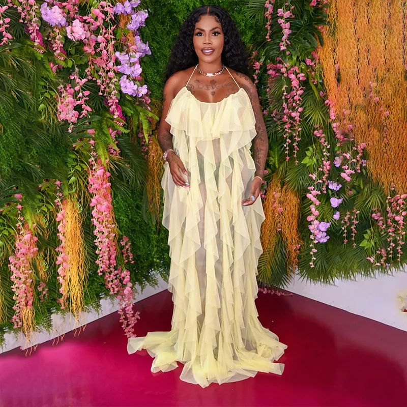 Plus veľkosť mesh Ruffle Party šaty ženské čírym backless dlhým plášťom 2023 letné príležitostné oblečenie Ženy luxusné elegantné šaty