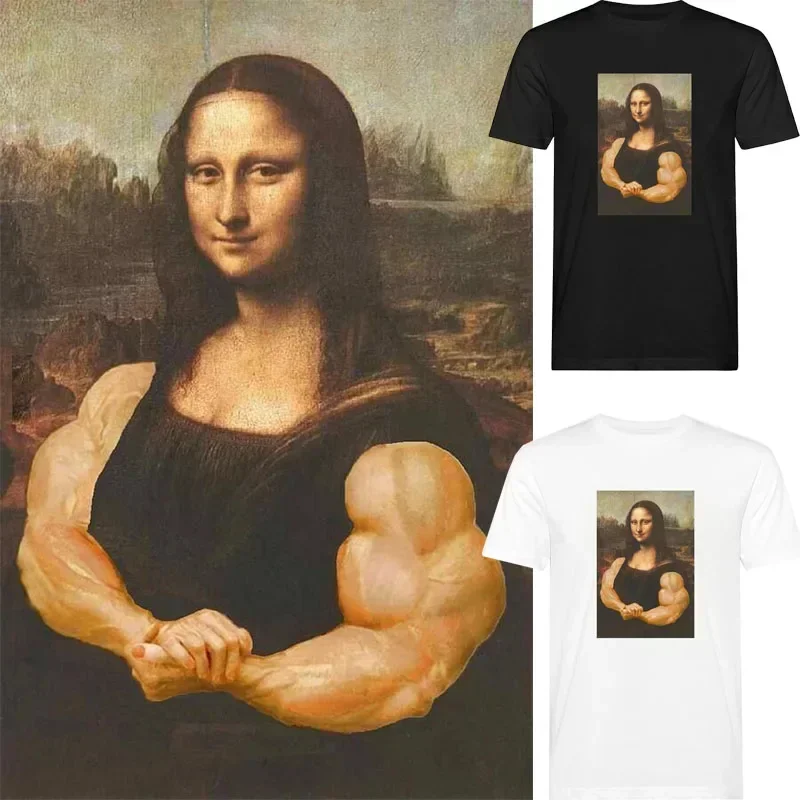 Plus veľkosť nového príchodu Mona Lisa Bodybuilding Tričko Tričko Svalové telocvične napodobňuje vtipné vtipné kreslenie Príležitostné grafické tričko Camo Fashion