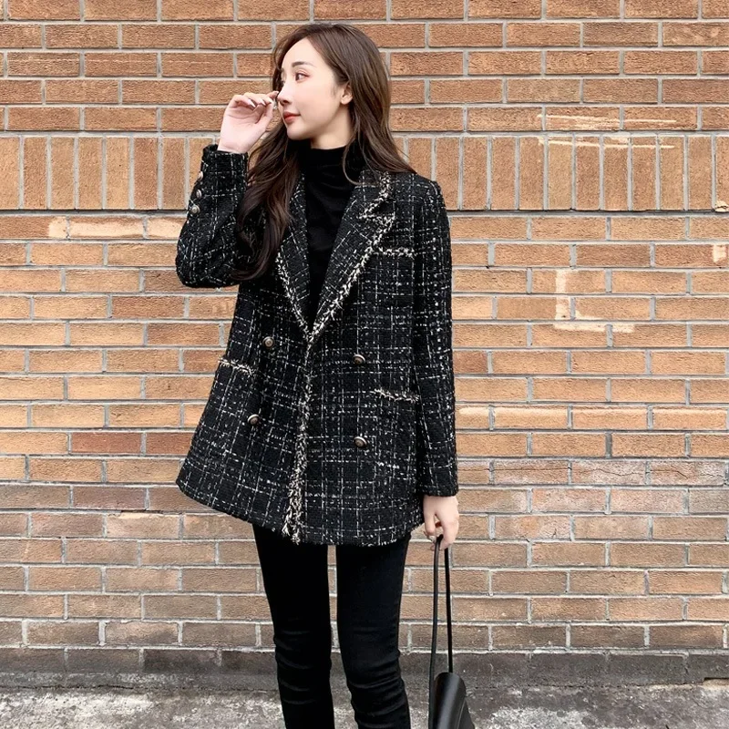 Plus veľkosť plus veľkosť plutvový štýl Plaid Woollen bunda Dámsky voľný fit socialit Socialit Style Hrubese Tweed Suit Top pre jar a au ...