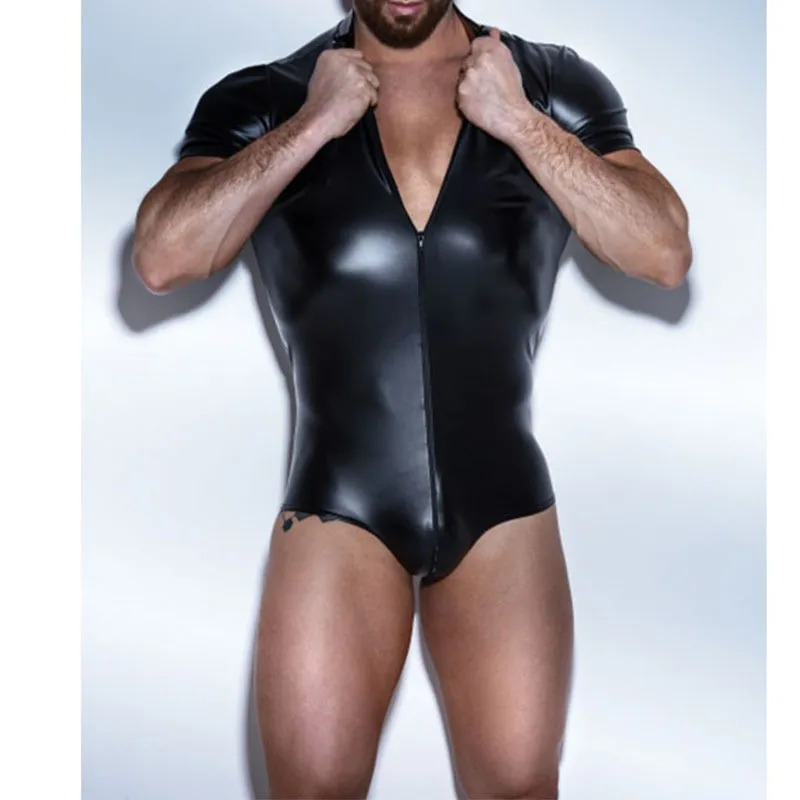 Plus veľkosť S-4XL Sexy Men BodySuit Erotic Erotic Underwear Faux Leather Krátke rukávy zips PU Catsuit Tesné nočné klubové oblečenie gay kostým