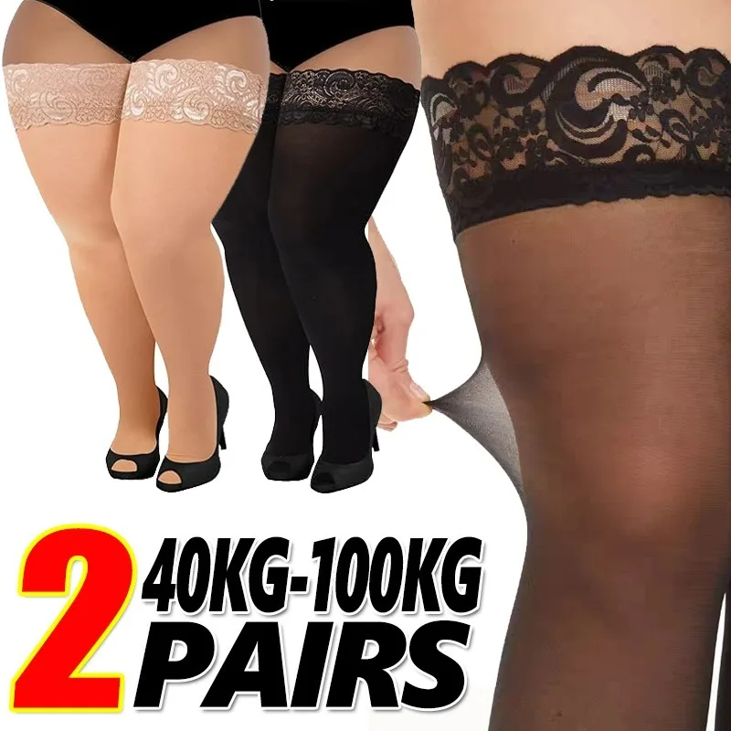 Plus veľkosť sexy čipkované stehno vysoké koleno pančuchy spodná bielizeň priehľadné vysoké elastické pančuchy