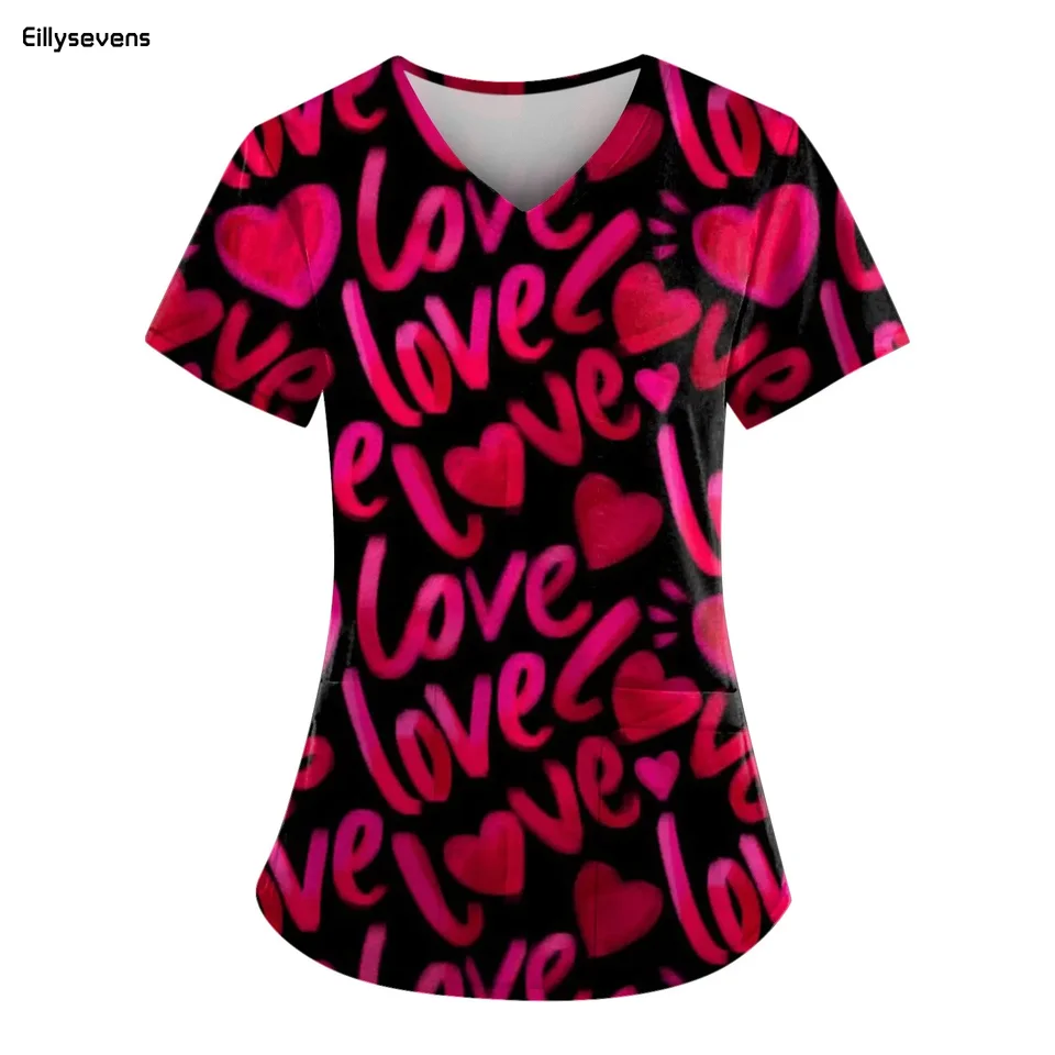 Plus veľkosť tlačeného kroviny Working Uniform Topy To Tops for Dámsky v krku V-krk na krátke rukávy zábavné tričká Workwear TEE s vreckami