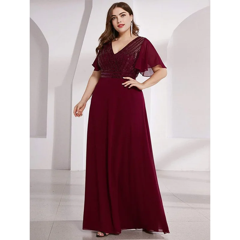 Plus veľkosť V krk Vertikálny pruh kreslené šifónové šaty 4xl5xl lesklé elegantné výročie večierkov plus lesklé šaty