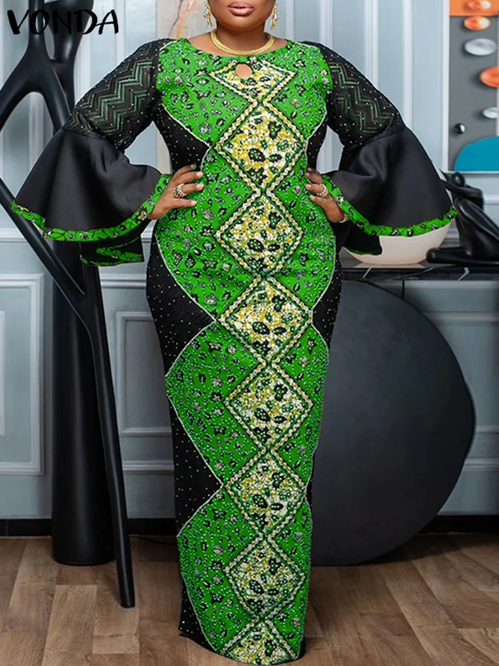 Plus veľkosť Vonda 2024 Dámske tlačené maxi šaty módne elegantné čipky Patchwork erupre rukáv Party Sundress Loose Vestido