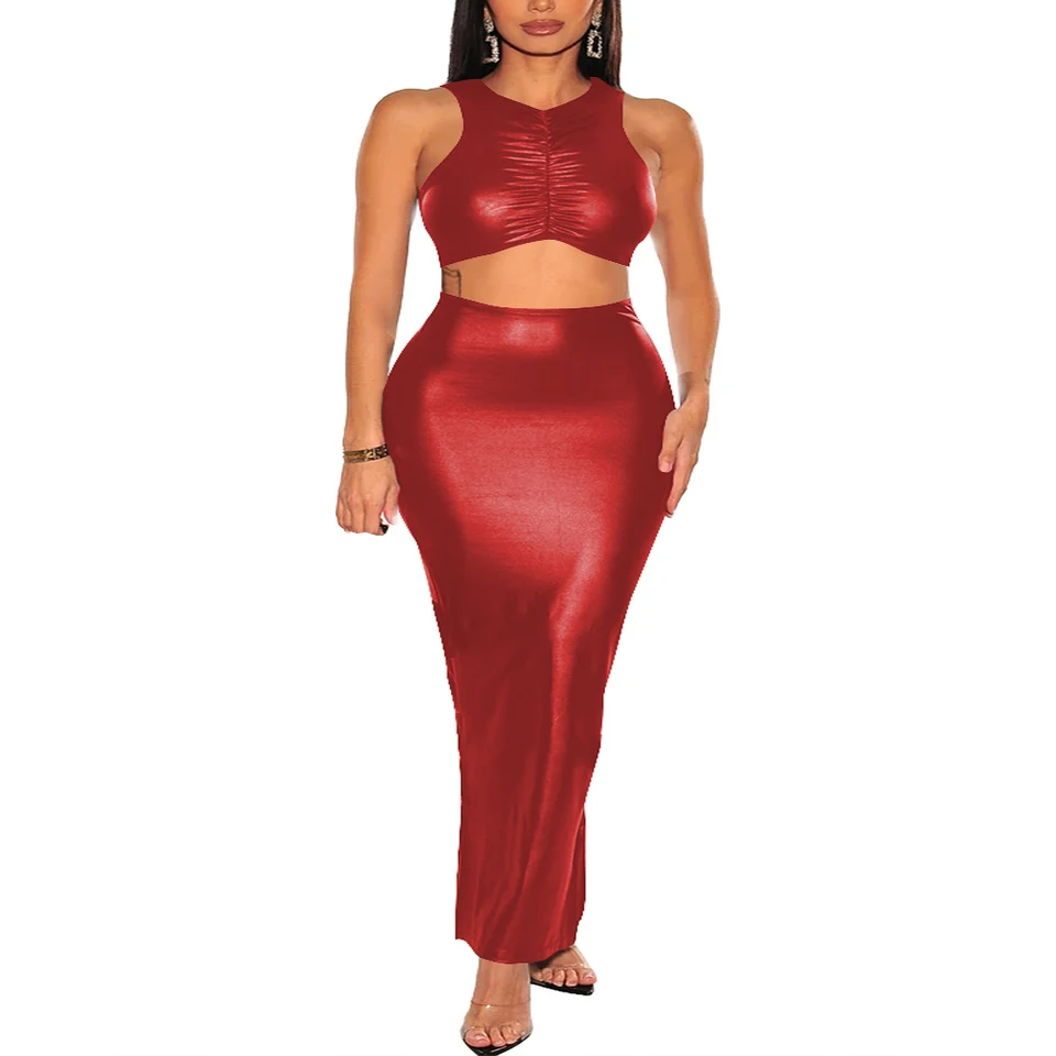 Plus veľkosť čistej farby Ženy Dvojdielne set módne orezané vesta Top a dlhá sukňa módna sukňa scéna Sexy Bodycon Club Party Outfit