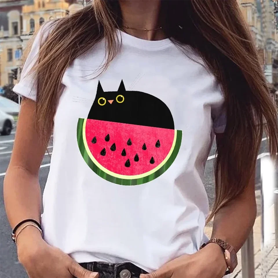 Plus veľkosť žien Grafické melón ovocie Láska Pet Pet Animal Móda krátke rukávy Cartoon tlač