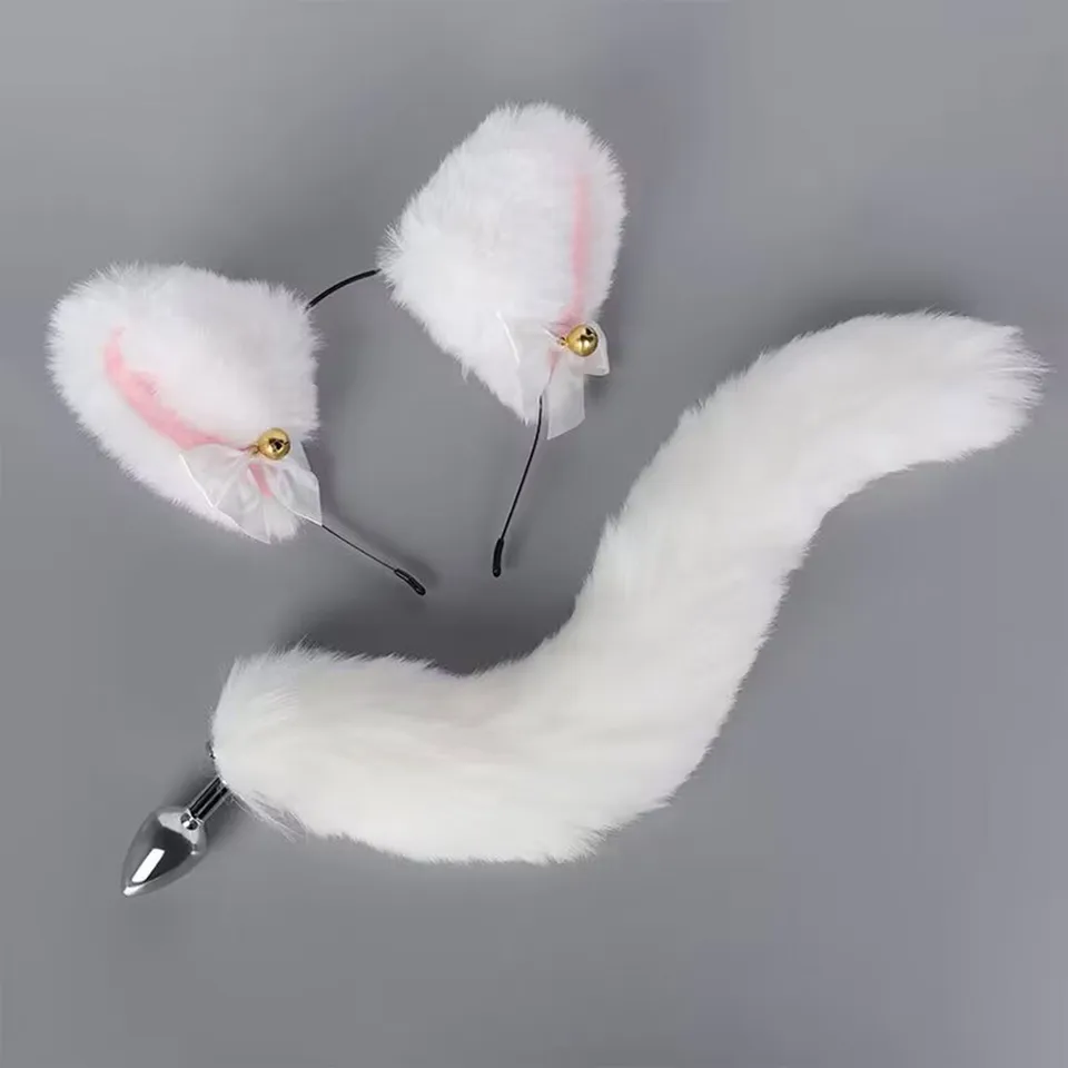 Plush Cat Ear Hairband Faux Fur Hairband s chvostom Cosplay Anal zástrč pre veľkonočné kostýmy