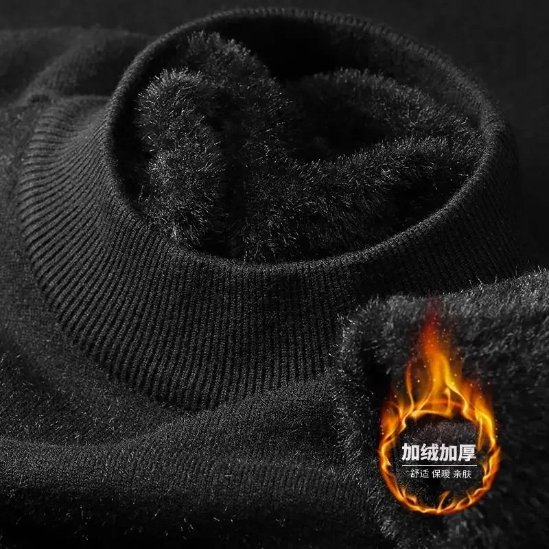Plush Pánsky pletený sveter Turtleneck so zamatovými čalúnenými teplými pevnými pulóvmi jesenná zimná zima hrubý dno, ležérny O-neck