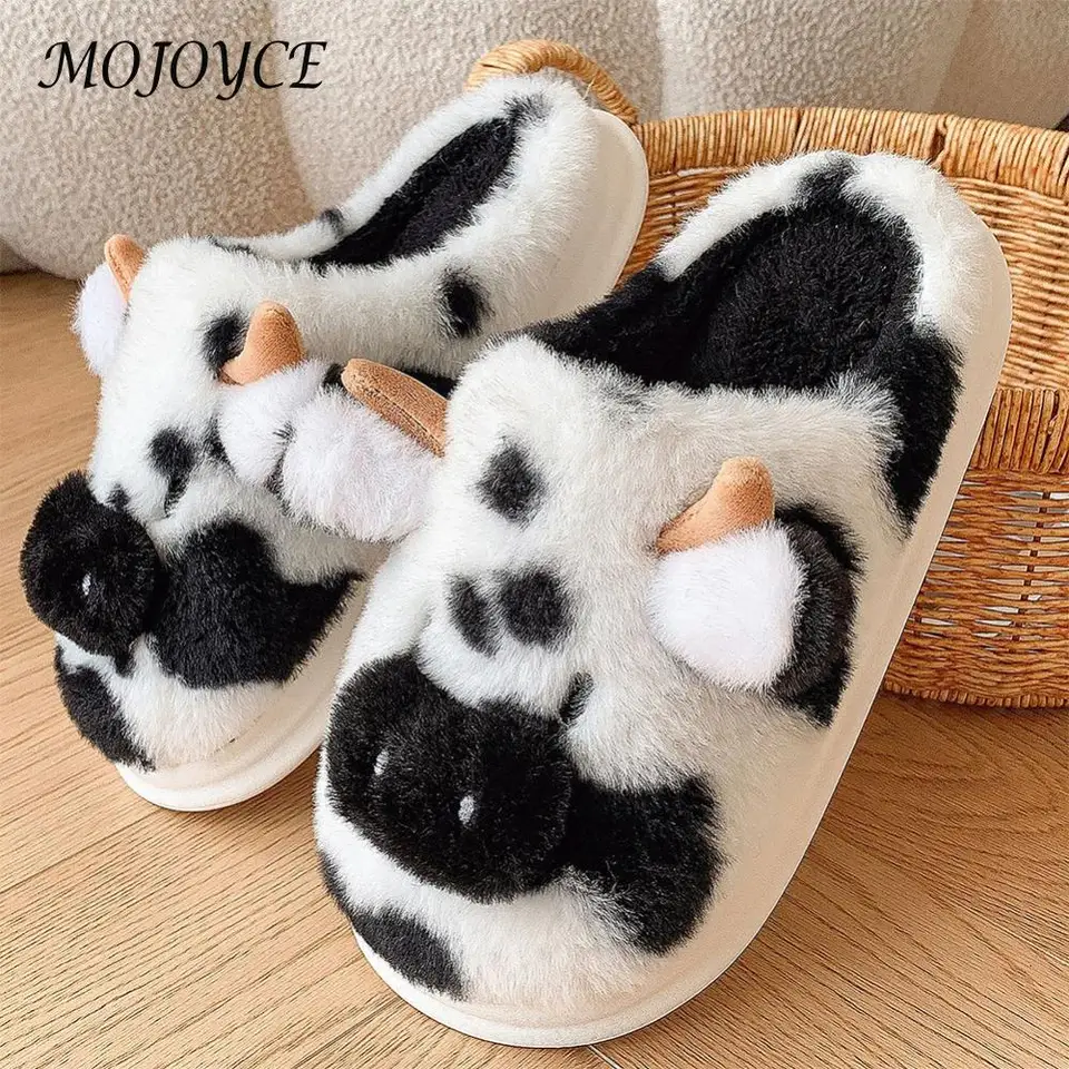 Plyšové kravské papuče, ktoré nie sú skľučujúce nadýchané mliečne kravské papuče Comfy Cartoon Cow Home topánky Kawaii zvieracie papuče pre vnútorné vonkajšie vonkajšie