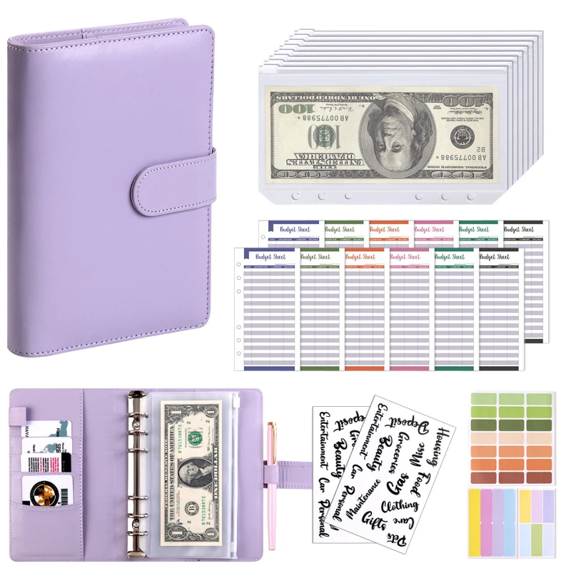 Plánovač rozpočtu A6 Planner 6 Hole 8 Zipperi obálky 2 nálepky v jednom notebook Peňaženka pre záchranu peňazí Organizátor Cashing