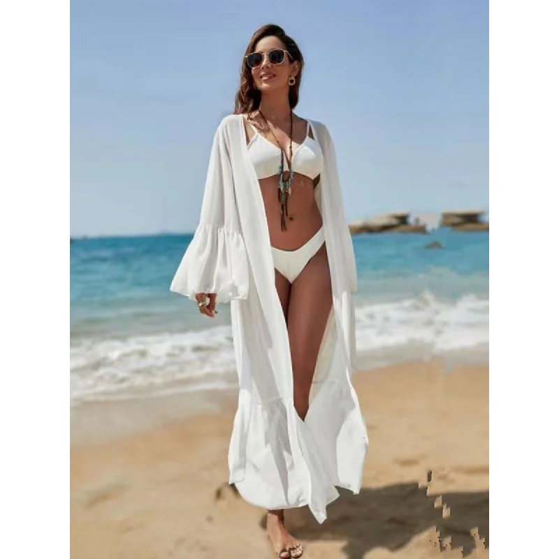 Pláž Kimono Cover Ups pre plavky ženy čipky, biele čierne šifón Elegantné šaty s vlastným opaskom 2023 plavky