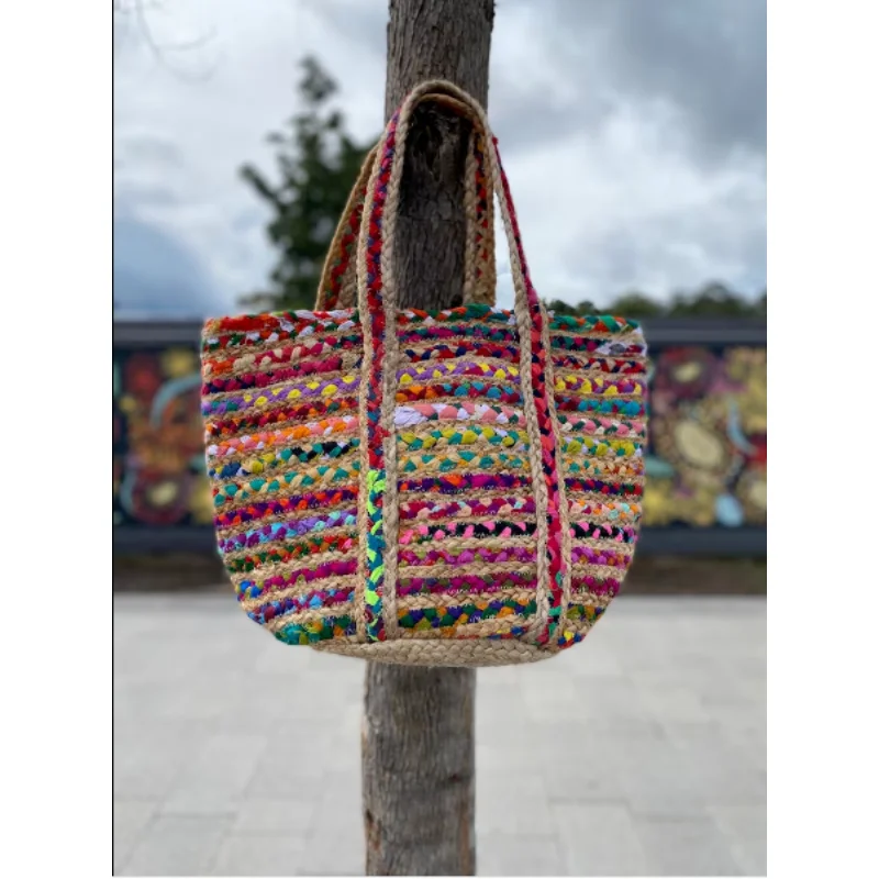 Plážová taška Jute Cotton Pleted Woven kabelka Široké priestorové skladovanie tašky Balenie