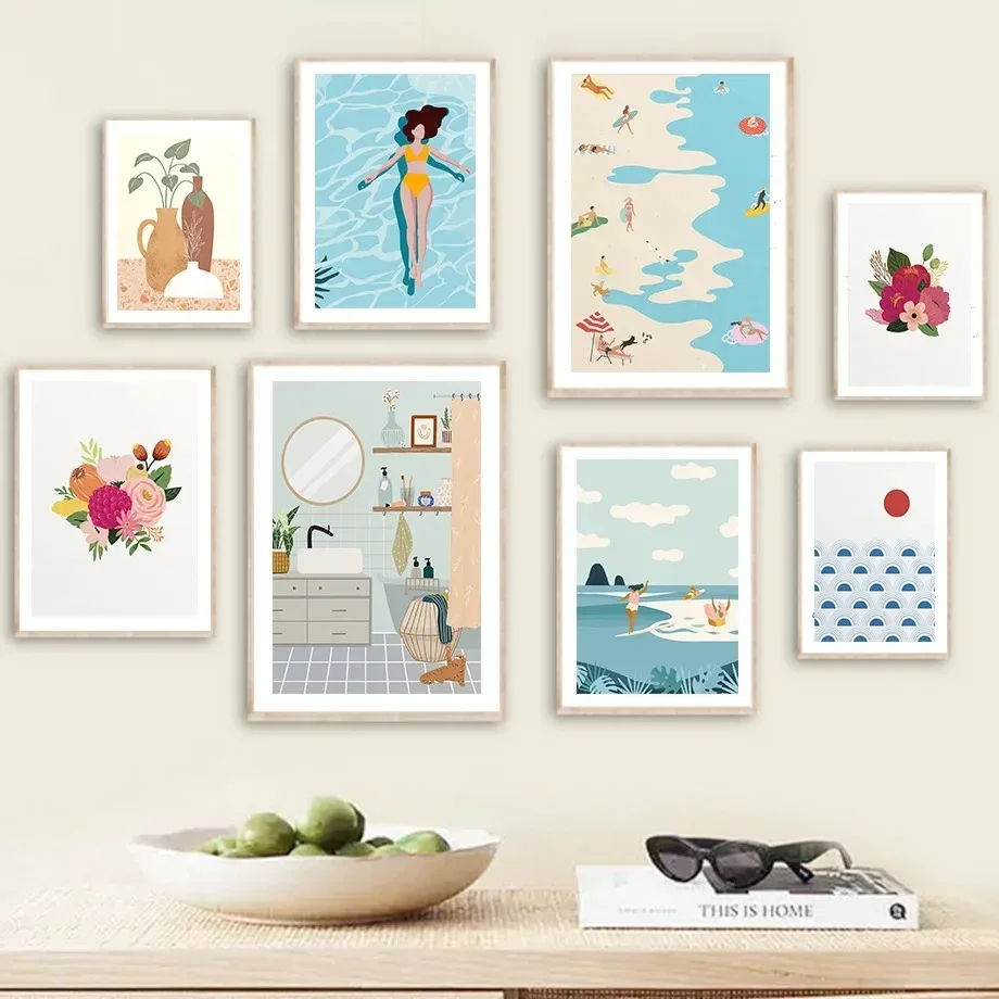 Plážové morské vlny bazén kvetina kvetina minimalistické nástenné umenie plátno maľujúce plagáty a výtlačky Wall Fotografie pre dekoráciu obývacej izby