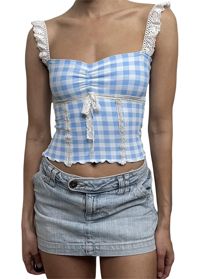 PMiys Women s y2k Camisole bez rukávov bez spätného čipky s čipkou Strappy Crop Tops Plaid Tony-Up Tops Tops Summer idú von
