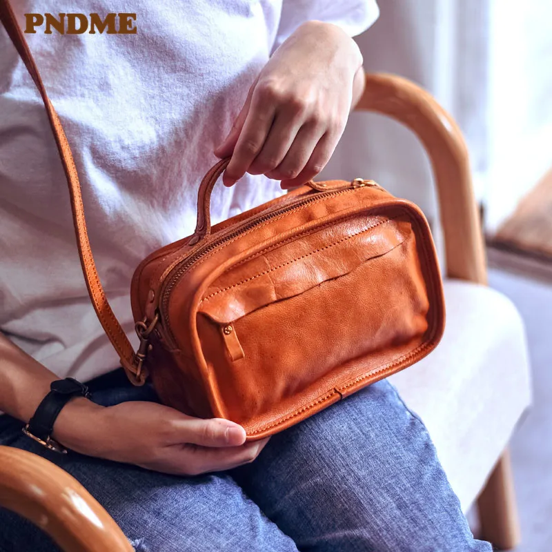 PndMe Fashion Design Originálne kožené dámy malá kabelka literárna retro retro prírodná skutočná dámska večierok roztomilé kabelky Crossbody Bags