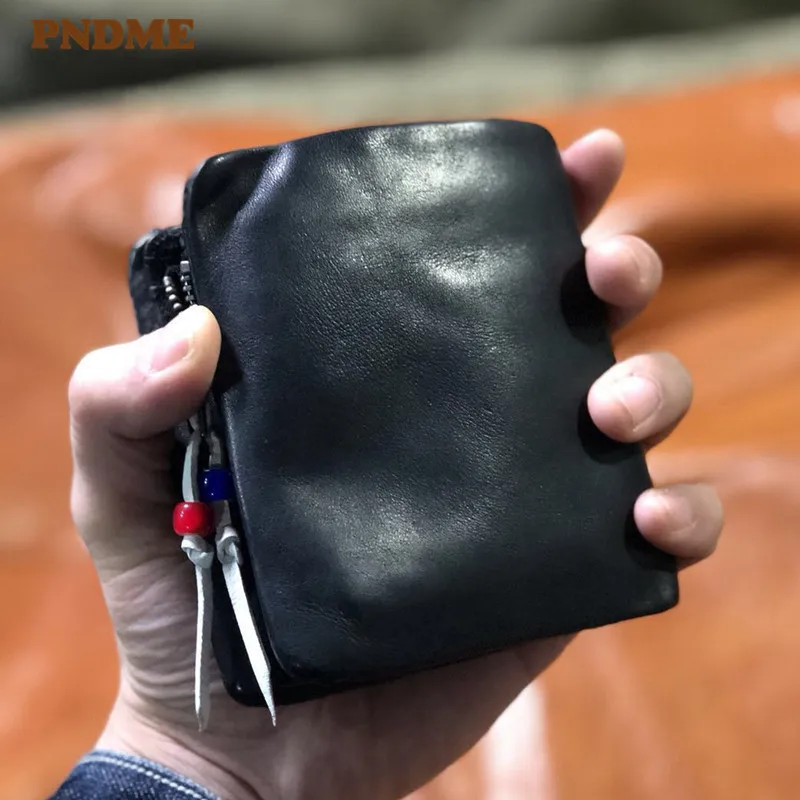 PNDME Simple Luxury Origins Leather Pánska čierna krátka peňaženka Príležitostná prírodná mäkká skutočná cowhide Daily držiteľa karty Coin