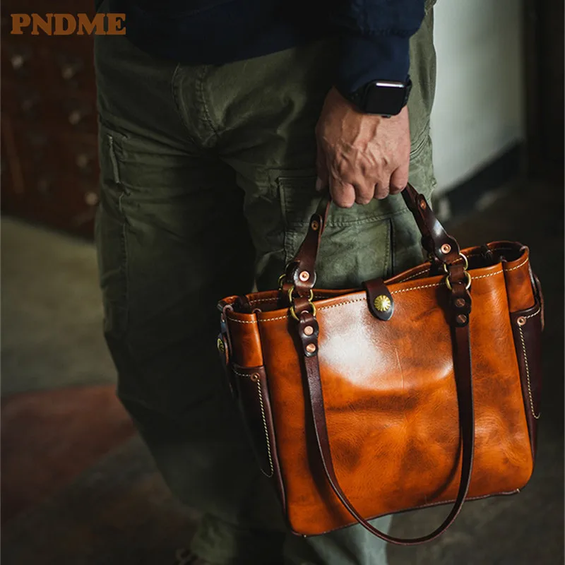 PNDME Vintage Fashion Luxury Desig Top vrstva Cowhide Pánska kabelka Outdoor Fľaša organizátor Originálne kožené kožené ramenné taška