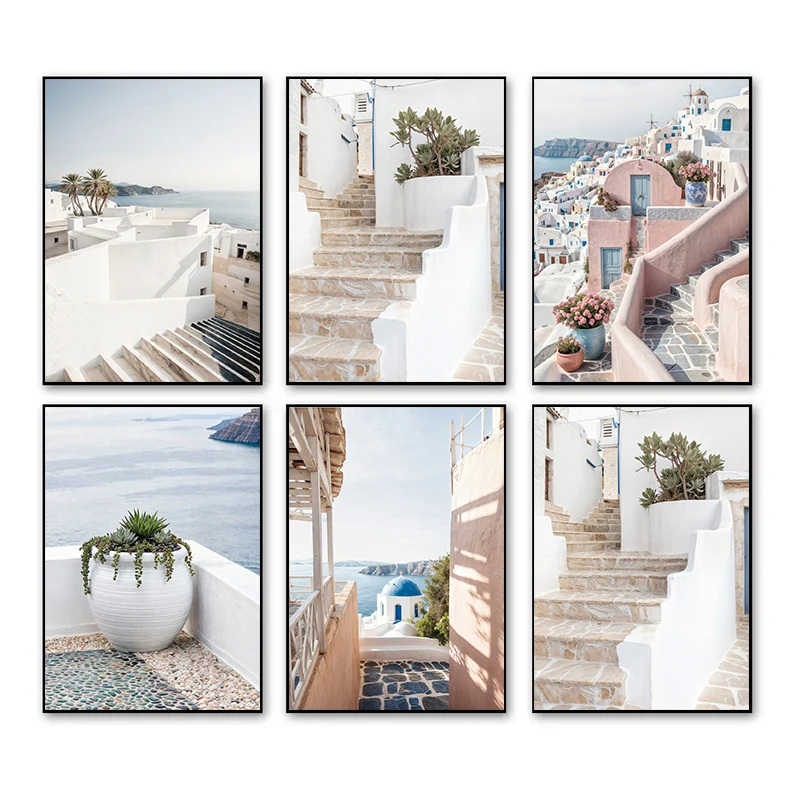 Pobrežné grécke ostrov krajina cestovný plagát Santorini Mykonos tlač tlačiť tlač moderný nástenný umenie Obrázok pre izbu domáci dekor