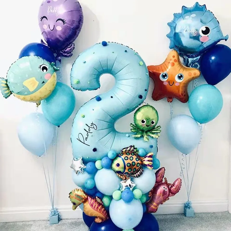 Pod morským oceán svetom 44ks zvierací balóny modré číslo Balón Sea Party téma deti Šťastné narodeniny oslava dekorácia Dieťa bábätko