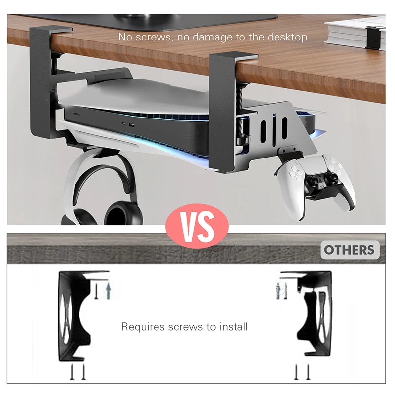 Pod stolom visí držiak pre PS5 a PS5 Slim Game Console Stander Bracket Serfone Gamepad Desktop Organizátory Game Controller