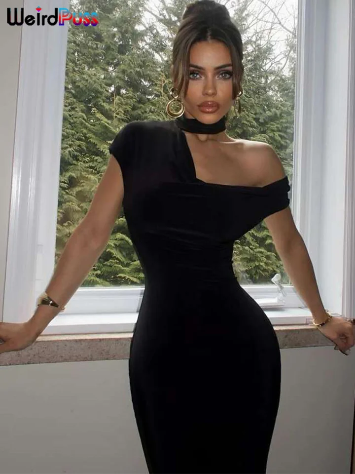 Podivná mapička sklon rameno šaty Žena leto sexy pevné nepravidelné golier elegantné rukávy bez rukávov Chic Party Skinny Evening Vestidos