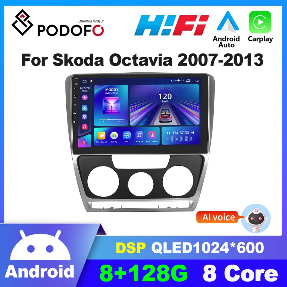 Podofo 2Din Android Car Radio pre Volkswagen Skoda Octavia 2 A5 2007-2013 Multimidia Video Player GPS Navigation Auto Stereo