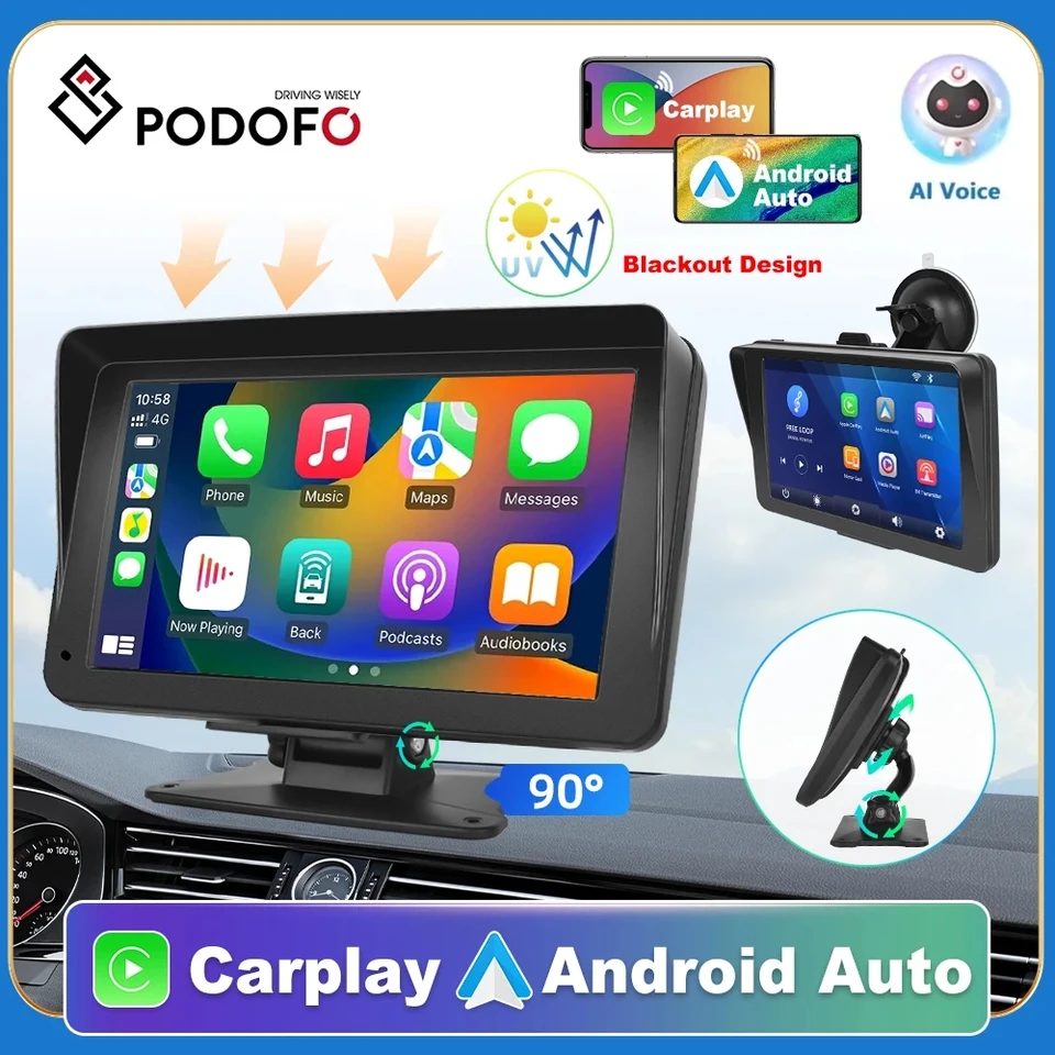 Podofo 7 '' Car Mirror CarPlay Nahrávanie CarPlay a Android Automatické hlasové ovládanie dotykovej obrazovky Monitor autom rádio DVR Radio DVR