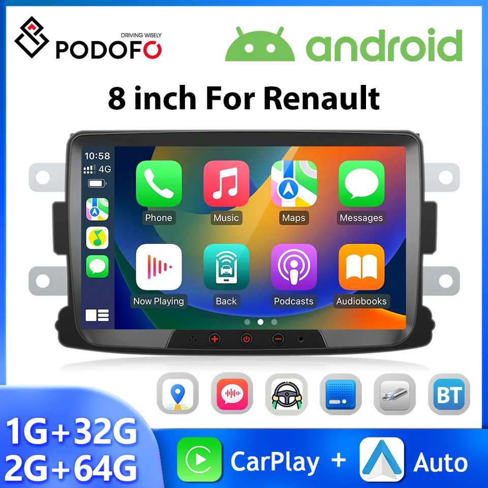 Podofo 8 '' 2Din Car Radio pre Renault Dacia Duster/Sandero Multimedia Player CarPlay Android Auto WiFi GPS navigačné auto stereo