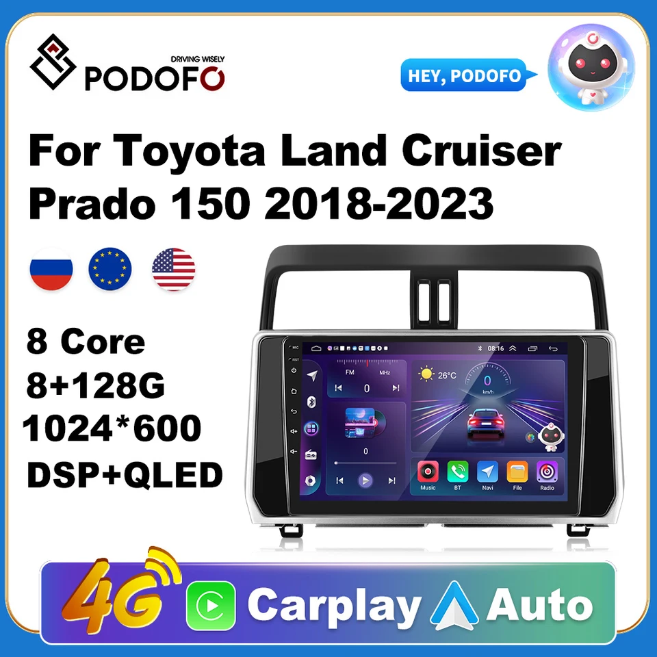 Podofo bezdrôtové CarPlay Andorid Auto Car Radio pre Toyota Land Cruiser Prado 150 2018 AI Voice multimedia GPS 2DIN Autoradio