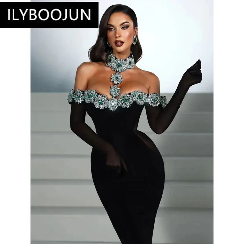 Podľa letných obväzov šaty 2024 Ženy celebrity sexy diamanty Crystal Black Maxi Long Bodycon Elegant Elegant Evening Club Party Dress
