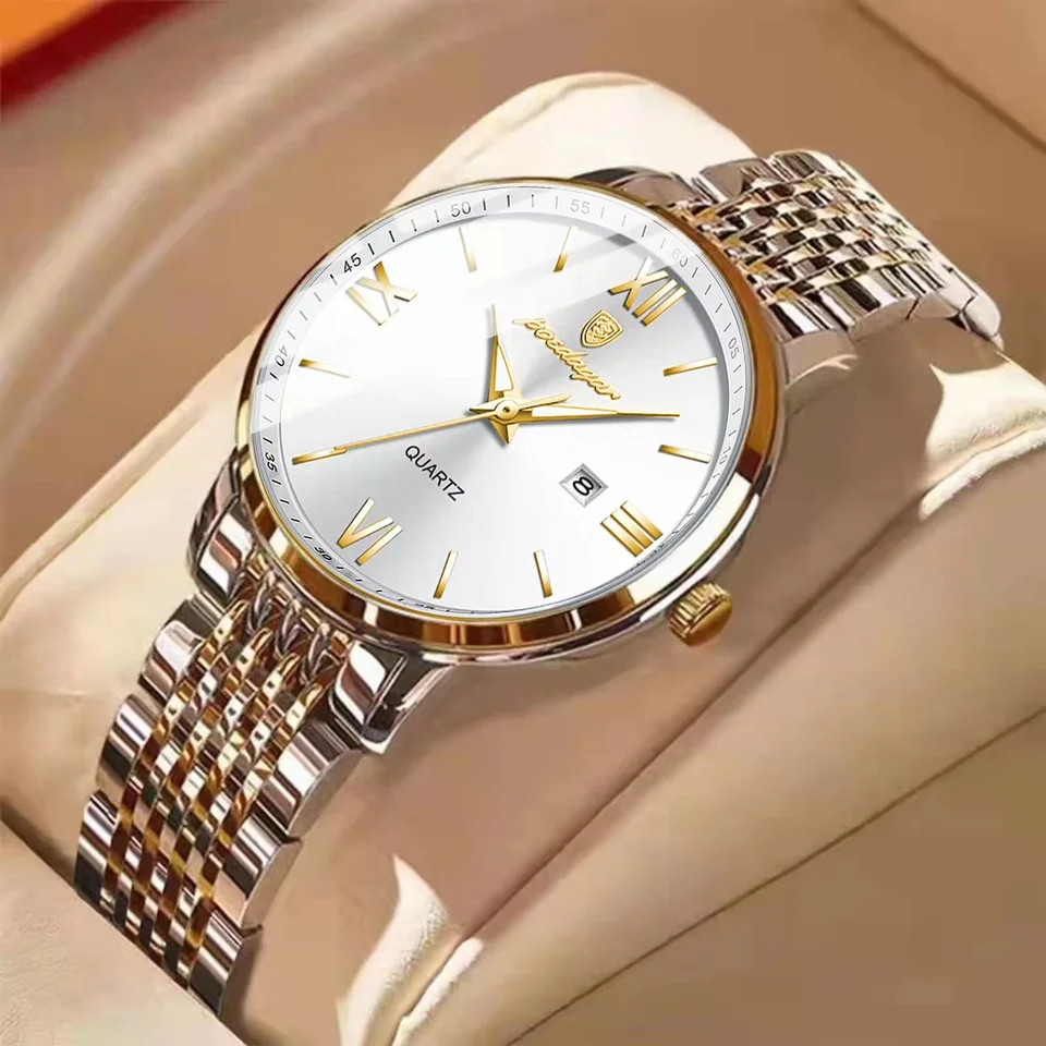 Poedagar Luxury Watch for Woman Elegantný vodotesný svetelný dátum Quartz Dámske náramky Zlatá z nehrdzavejúcej ocele Women Watchs+Box