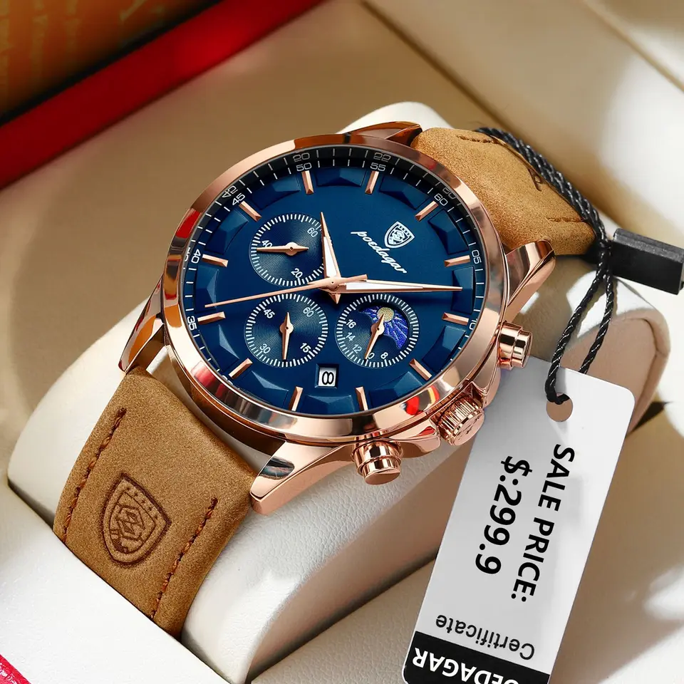 Poedagar luxusný muž náramky Športové kožené muži Quartz hodinky vodotesný svetelný kalendár chronograf Pánske hodinky Mužské hodiny