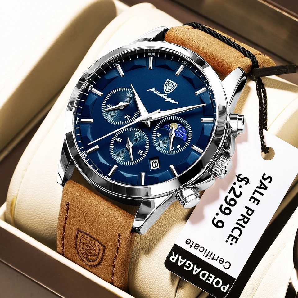 Poedagar Men's Watch Casual Fashion Originálne Quartz Watch for Man nepremokavá kožená svetelná fáza Mesacia fáza Chronograf Nový