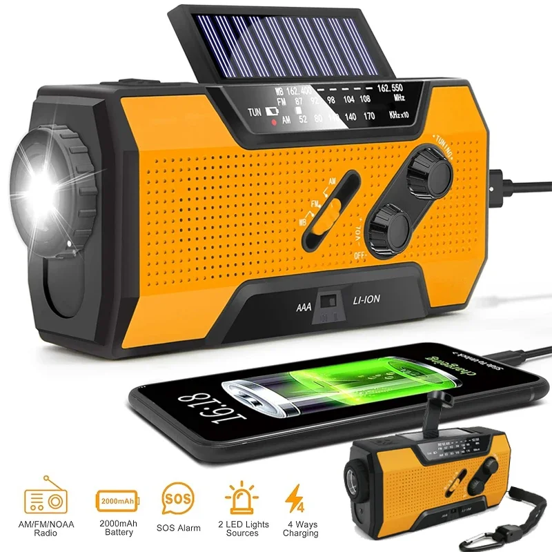 Pohotovostné počasie Radio AM FM USB Solar Manual Cranking Nabíjanie prenosné 2000 mAh batériu SOS Alarm baterky