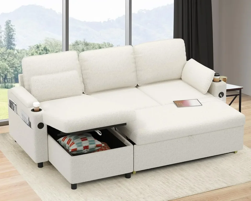 Pohovka lôžko Sleeper Vytiahnite 2 in 1 sekcie pohovky na spanie s úložiskom, USB, držiak pohárov, pohovky na sekciu s vyťahovaním
